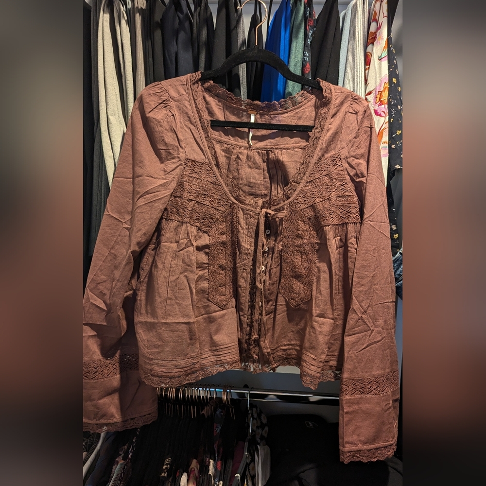 Free People Brown Lace Detail Top